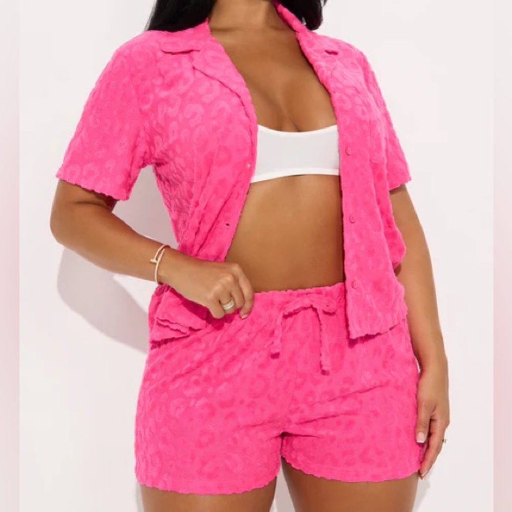 French Terry Embossed PJ Short Set - Hot Pink